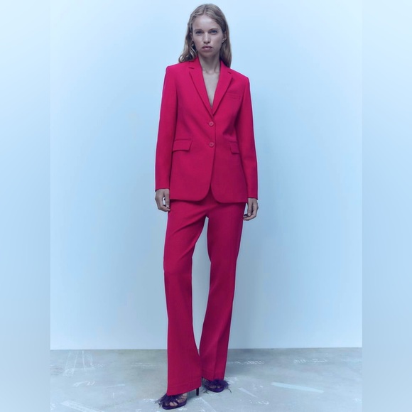 Zara Set - Fuchsia Straight Cut Pocket Blazer & The Low Rise Flare Pants - Picture 6 of 17